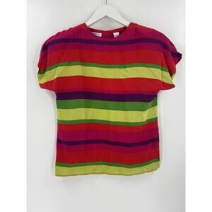Liz Claiborne Vintage Blouse Womens 6 Red Yellow Striped 100% Silk Button Back